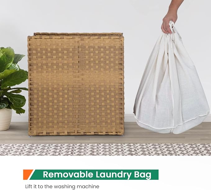 Paylesshere Laundry Basket Handwoven Laundry Hamper 90L/110L Foldable Rattan Laundry Hamper With Lid,2 Removable Liner Bags & 6 Bags,Clothes Bathroom Basket,Natural - Image 4