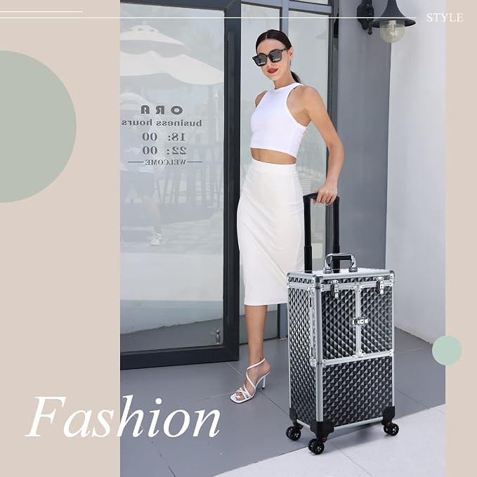 Professional Makeup Train Case Extendable Cosmetology Case on wheels | Rolling makeup station with a drawer and trays, ideal for makeup artists or dance competitions. Super organized. - Image 7