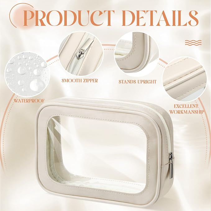Abbylike 10 Pcs Clear Makeup Bags Bulk Tsa Approved Clear Toiletry Bags with Zipper PU Leather Waterproof Travel Makeup Organizer for Women Wedding Bridal DIY Gifts Bachelorette Party (Beige) - Image 4