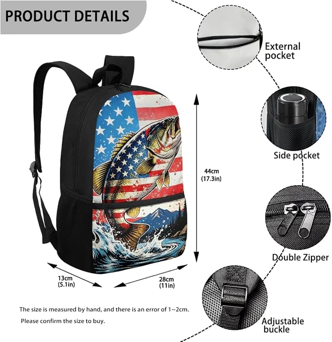 Bass Fish American Flag Boys Backpack and Lunch Bag 4 Piece Set, Padded Shoulder Strap Large Capacity Lightweight School Bag Kids Ages 6-12, 17 Inch Waterproof Organized Bookbag - Image 3