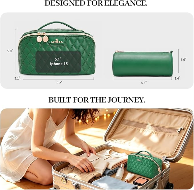 Travel Makeup Bags Cosmetic Organizer: 3Pcs Set Puffy Make up Bag for Women | ForestGreen Premium Quilted ELEGANCE Design | Large Capacity Leather Toiletry Bags | Wide Open Compact Case for Travel - Image 7