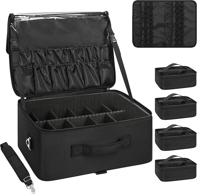 Relavel Extra Large Makeup Case Professional Cosmetic Storage Organizer Box Brush Holder with 4 Clear Set Bags & Lipstick Plate for Makeup Artists with Shoulder Strap & Adjustable Dividers by Relavel