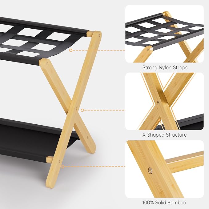 HITNET Luggage Rack 2 Pack, Folding Suitcase Stand for Guest Room, Bamboo Luggage Holder with Storage Shelf for Hotel Bedroom, Natural - Image 5