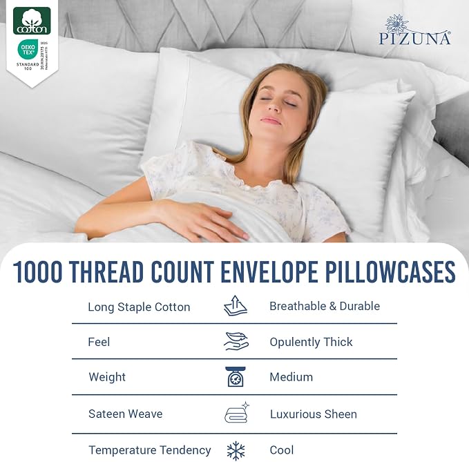 Pizuna 100% Cotton Pillow Cases Queen Size Set of 2 Luxury 1000 Thread Count Sateen Weave Long Staple Cotton Hotel Quality Envelope Closure Pillow Covers Fits Standard/Queen Pillows - White - Image 2