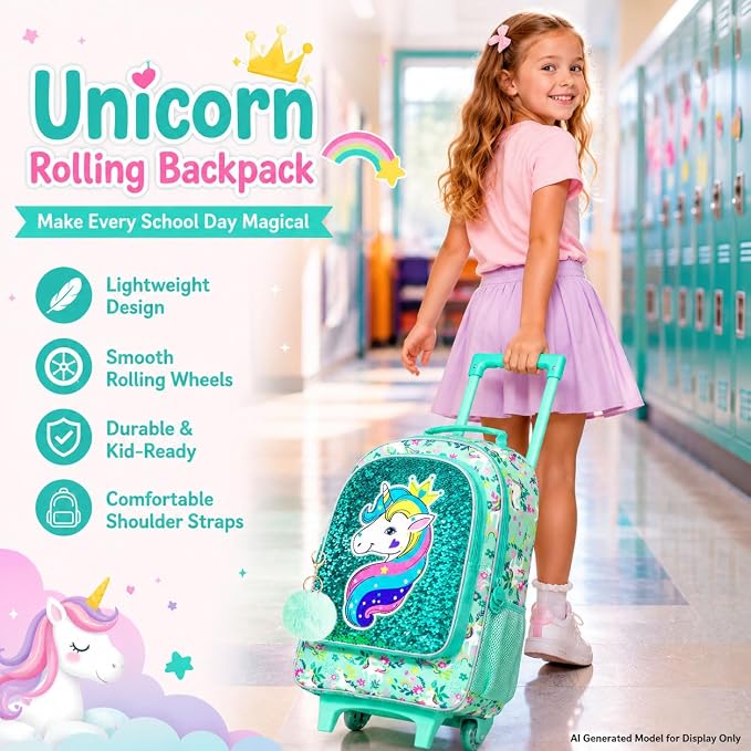 AGSDON 3PCS Rolling Backpack for Girls Boys, Kids Roller Wheels Bookbag, Wheeled School Bag with Lunch Bag - Image 2