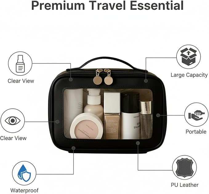 2 Complete Sets of 3-Size Makeup Bags | Premium Transparent & Waterproof Cosmetic Organizer Storage Bag | Travel Toiletry & Skincare Storage Set (Black, L+M+S+MakeupBrushes) - Image 2
