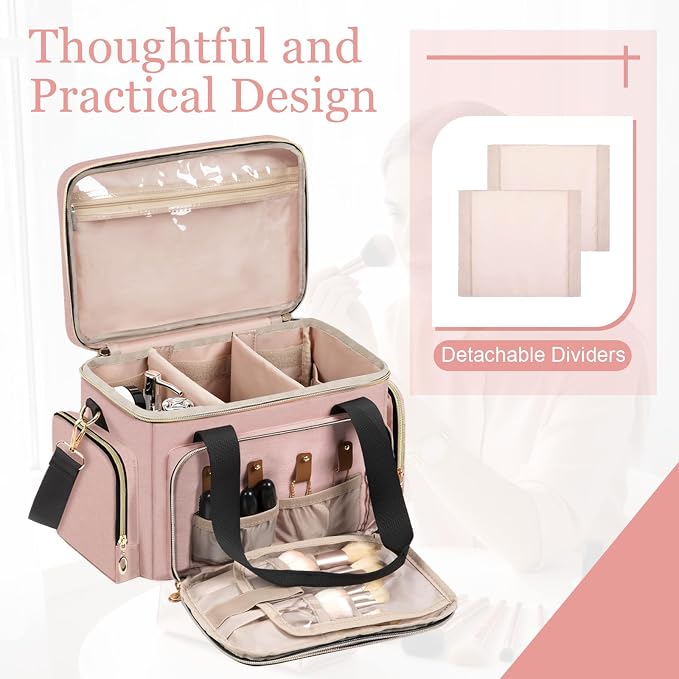 GDNasist Large Makeup Bag, Portable Travel Makeup Bag Organizer for Women Girls with Removable Shoulder Strap & Detachable Dividers, Cosmetic Travel Bag, Toiletry Bag for Makeup - Image 6