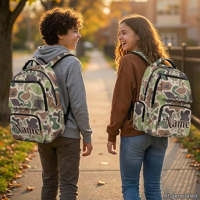 Duck Camo Custom Name 4Pcs Kids Backpack Set for School, 17 Inch | Lunch Box, Water Bottle Holder, Lightweight Durable 600D Material, Multi Pockets, for Elementary Middle School Daily Travel - Image 2