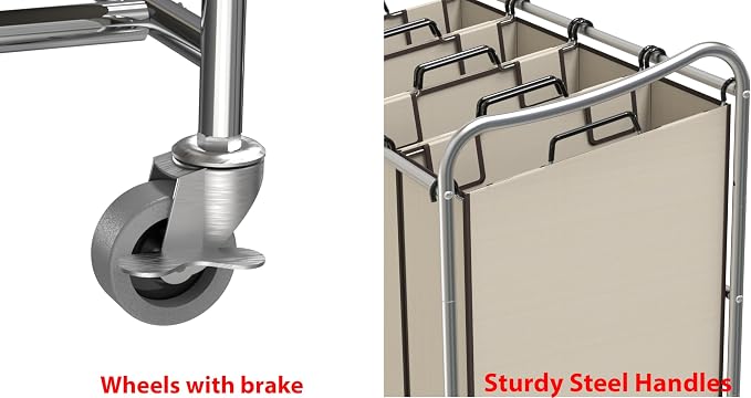 Simple Houseware 4-Bag Heavy Duty Rolling Laundry Sorter Cart, Chrome | Removable Bags and Lockable Wheels for Laundry Room Organization - Image 6