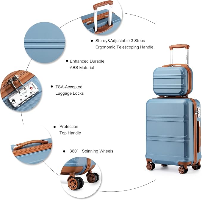 Kono Carry On Luggage Set Airline Approved with Spinner Wheels | Lightweight PC+ABS Carry On Suitcase with TSA Lock Durable Luggage Hardside Apricot Blue - Image 4