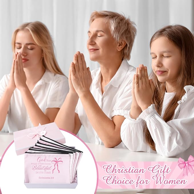 Hillban 36 Pcs Christian Gifts for Women Christian Pink Bow Makeup Bags Bible Verse Cosmetic Bag Inspirational Pencil Case with Zipper Coquette Bowknot Travel Organizer Pouch for Wedding Bachelorette - Image 3