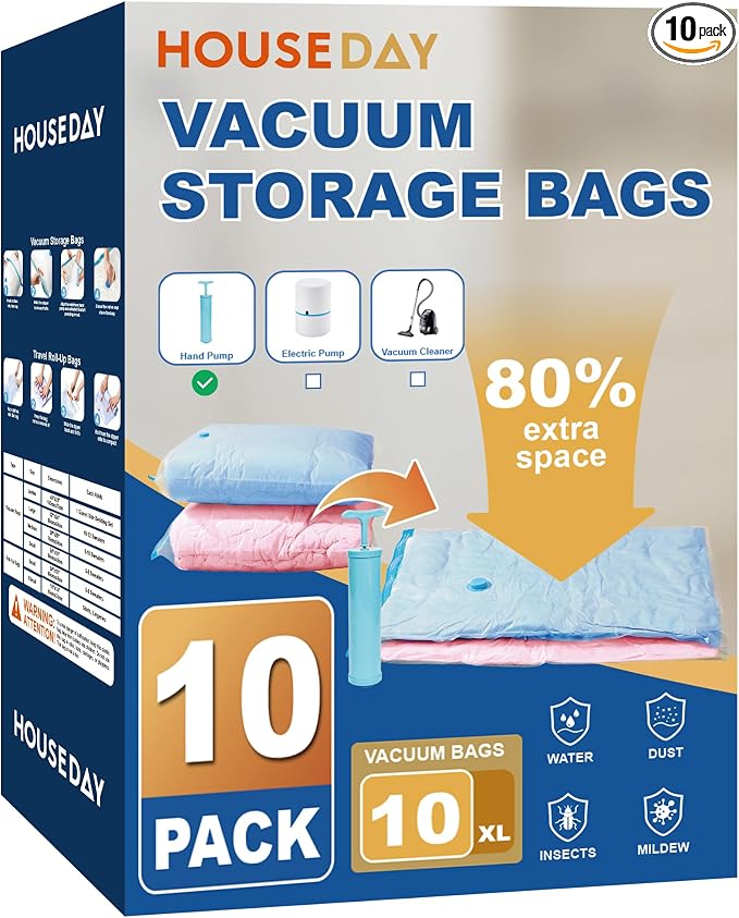 HOUSE DAY 10 Jumbo Vacuum Storage Bags with Pump,Space Saving Vacuum Seal Bags For Clothing Travel, Vacuum Storage Bags For Clothes, Comforters, Blankets, Pillows, Bedding, Moving, Travel, Hand Pump by HOUSEDAY