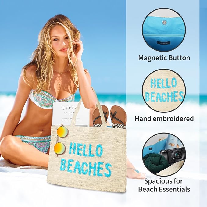 Hello Beaches A Packable Beach Bag | The Straw Beach Tote Bag of 2025 | Beach Bags for Women Vacation | Large Beach Bag - Image 3