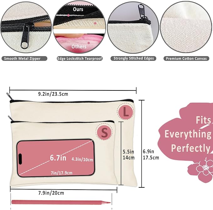 Koolmox 20 Beige Canvas Pouches with Black Zipper, Cotton Canvas Toiletry Pouch, Bulk Plain Cosmetic Bags for Women Pencil Case Make Up Cosmetic Purse Patches Paint Vinyl Sublimation Projects Crafts - Image 2