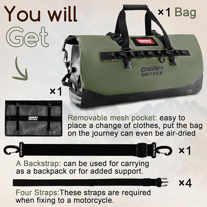 OSAH DRYPAK Waterproof Duffel Bag 25L/40L/60L – Heavy-Duty Motorcycle Tail Bag, Roll-Top Dry Bag for Travel, Camping, Boating, Kayaking, Outdoor Adventure - Image 8