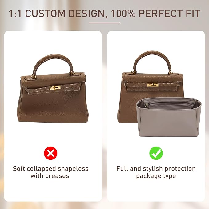 Doxo Luxury Satin Handbag Organizer Insert for Birkin 25 - Premium Smooth Fabric Birkin 25 Insert Organizer with Multicolor Options - Lightweight & Soft Touch - Fits Hermes Handbags(BR25,Etoupe Grey) - Image 4