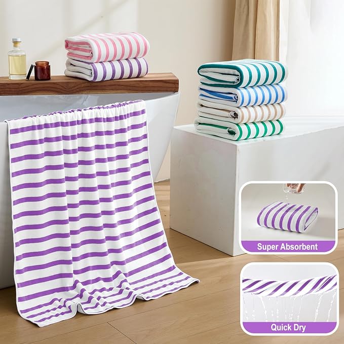 JML Microfiber Beach Towels, 6 Pack, 27" x 55", Large Bath Towel Set for Adult- Cabana Stripe - Absorbent, Quick Drying Lint-Free, No Fading for Summer Party, Pool, Sport, Yoga, Swimming, Purple - Image 4