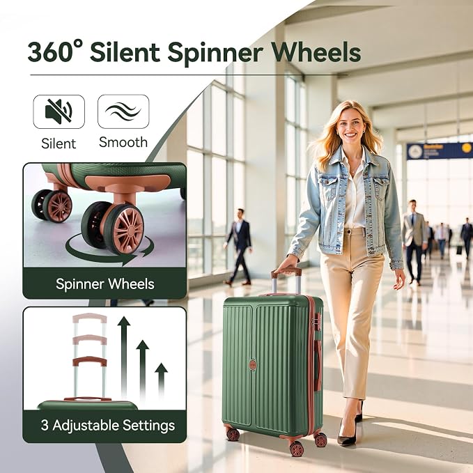 Hoteel Luggage Sets 3 Piece ABS+PC Hardside, 4-Year Warranty, Luggage Set with Spinner Wheels, TSA Lock, Lightweight Carry on Luggage, 20" Suitcase with Duffel & Organizer, Dark Green - Image 4