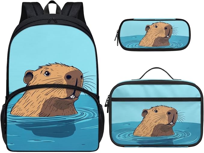 Capybara School Backpack with Lunchbox, 3-in-1, Boys Backpack 6-8 Kids Elementary School Bag Lunch Bag Cute 1st Grade Bookbag Lunch Box Set 17 Inch Large Capacity Bookbags by Dremagia
