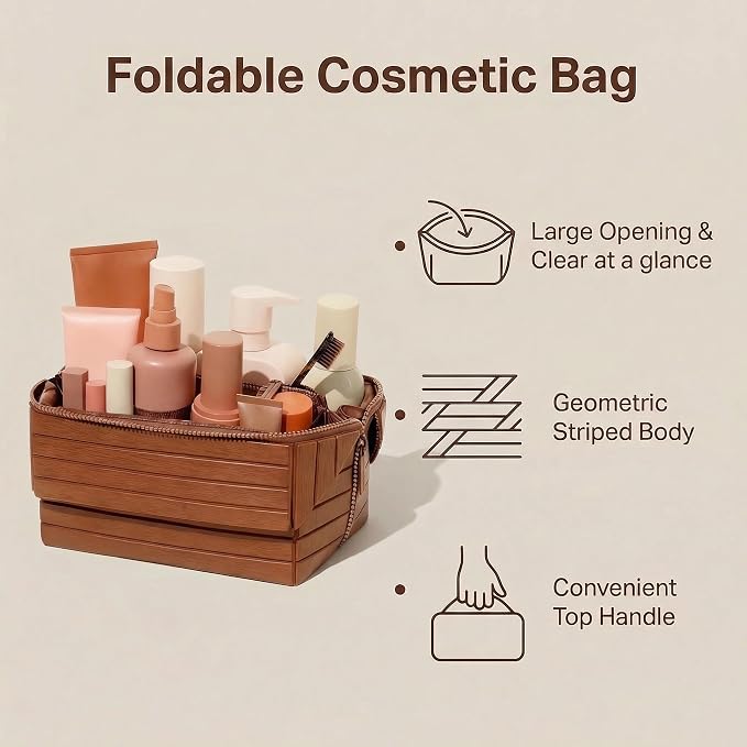 Travel Makeup Bag, Large Capacity Fold Down Cosmetic Bag for Women, Waterproof PU Leather, Pull Open Toiletry Bag with Compartments, for Skincare, Brushes & Travel Essentials (Navy Blue) - Image 2