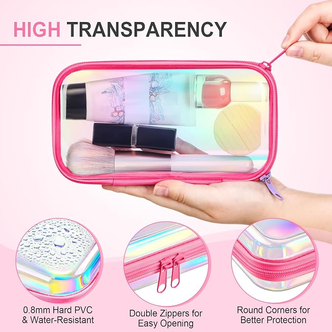 Hoolerry 4 Pcs Hard Clear Zipper Case Makeup Bags Plastic Zipper Pouch Transparent Storage Box Containers for Cosmetics, Snacks, Building Blocks, Puzzles(Clear,7.5 x 3.9 x 2 in,Pink Laser) - Image 3
