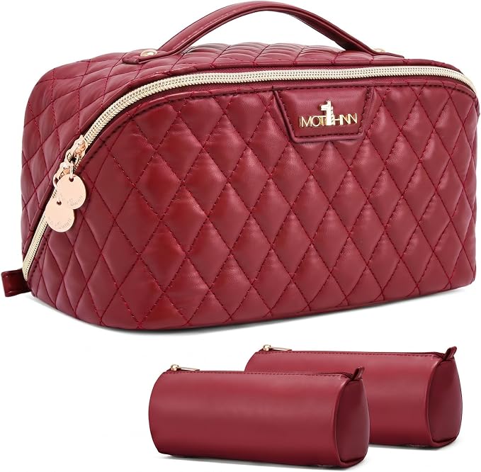 Travel Makeup Bags Cosmetic Organizer: 3Pcs Set Puffy Make up Bag for Women | Red Premium Quilted ELEGANCE Design | Large Capacity Leather Toiletry Bags | Wide Open Compact Case for Travel Essentials by Unknown