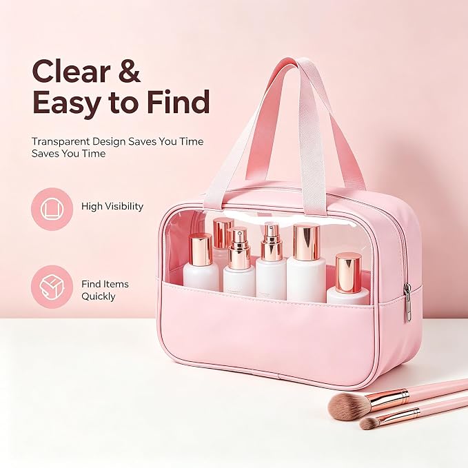 12 Pcs Pink Translucent Make up Bag, Waterproof Toiletry Bags with Handle, Portable Travel Cosmetic Organizer Pouches for Women Girls Travel Daily Use - Image 3