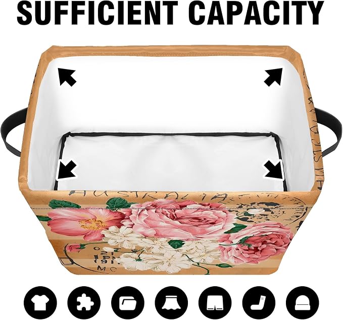 Vintage Rose Floral Foldable Baskets Storage Bins with Handles, Decorative Cloth Organizer Storage Boxes 2 sets - Image 4