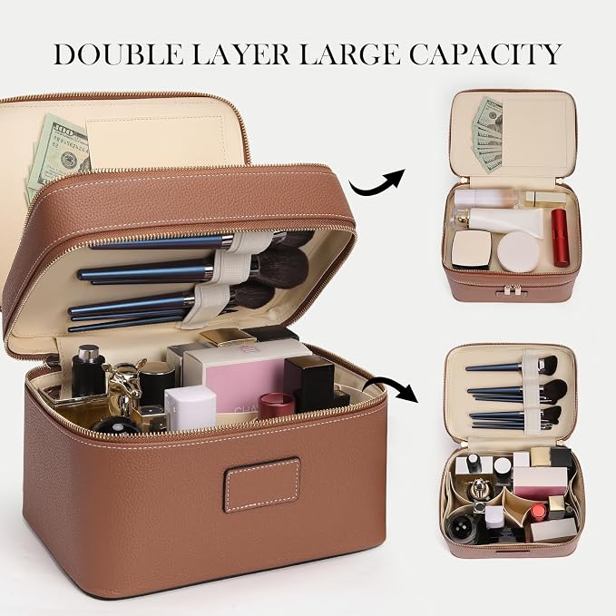 HiTotes Large Makeup Bag Duo Vanity Case for Women Leather Makeup Case Travel Toiletry Bag Portable Double Layer Cosmetic Bag - Image 3