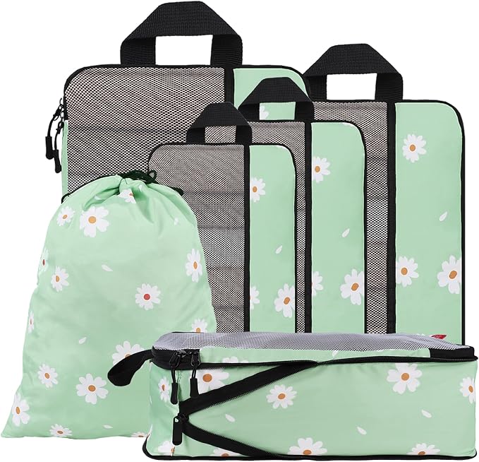 U+U 6 Set Compression Packing Cubes - Ultralight Travel Organizers with Laundry Bag, Space-Saving Suitcase Organizer, Expandable Packing Cubes for Travel, Business Trip and Family Vacation (Daisy) by UU