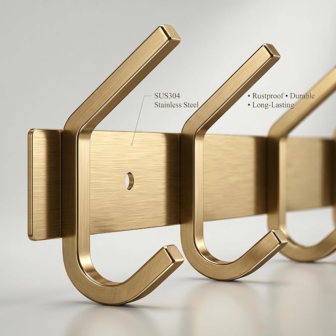 Brushed Gold Wall Mounted Coat Rack – 17 Inch Stainless Steel Rail with 6 Double Coat Hooks for Entryway, Bathroom, Bedroom, Kitchen – Modern Gold Hook Rack for Coats, Hats, Towels - Image 4