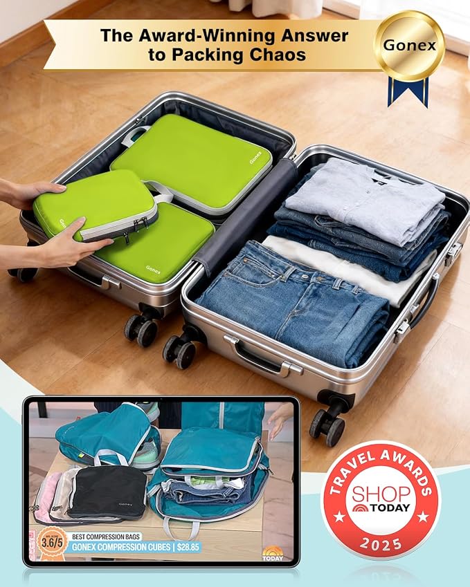 Gonex Compression Packing Cubes, 4pcs Expandable Storage Travel Luggage Bags Organizers (Green) - Image 2