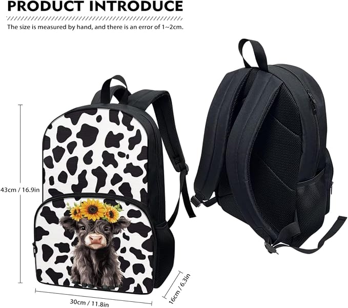 4PCS Black Highland Cattle Sunflower Cow Print School Backpack Set Travel Bookbags Purses Lunch Box Stationery Pouch Bag Holder Protective Water Bottle Cup Cover for Back to School - Image 5