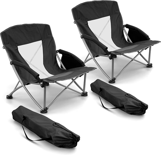 HaSteeL Low Beach Chairs for Adults, Lightweight Camping Folding Chair with Carrying Bag, Portable for Outdoors Lawn Backyard Patio RV Trip Fishing Sport Tailgating, Support 300LBS, Black, 2 Pack by HaSteeL