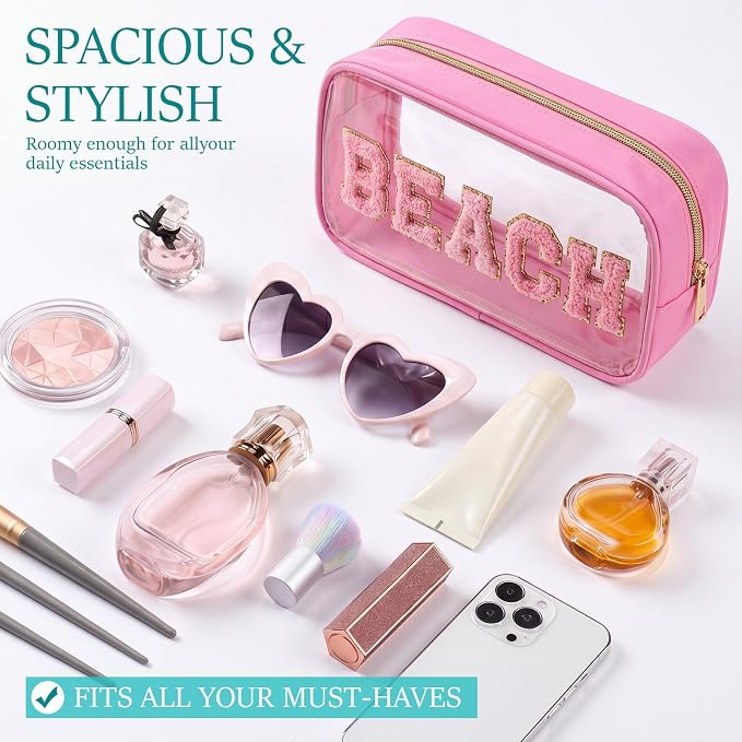Kacctyen 10 Pcs Beach Clear Makeup Bags with Zipper in 5 Assorted Colors, Chenille Letter Sunscreen Bags Bulk, Waterproof Clear Toiletry Bag for Women Beach Pool Trip & Summer Birthday Party Favors - Image 3