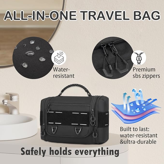 Tactical Toiletry Bag for Men, Hanging Dropp Kit Mens Toiletry Travel Bag for Toiletries, Traveling & Shaving Kit, Hygiene Bag Shower Bathroom Organizer with Handle & Swivel Hook, Black - Image 5