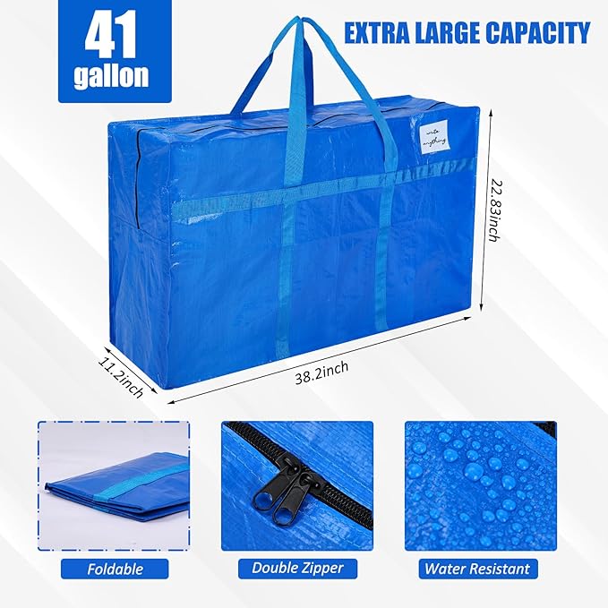 Windyun 4 Pack 41 Gallon Extra Large Moving Bags XXL Heavy Duty Storage Bag with Strong Zipper Handle Jumbo Big Tote Box Foldable for College Dorm Travel Clothes Duffle Blanket Pillow(Blue) - Image 2