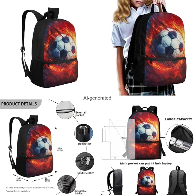 Fire Soccer Backpack for School Boys Backpack with Lunch Box Water Bottle Carrier and Soft Pencil Case 4PCS Set Bookbag with Front Pocket 17 inch Lightweight Elementary School Bag for Kids - Image 3