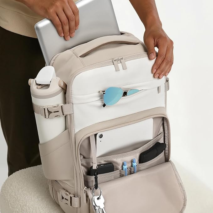 mibasies 40L Travel Backpack for Women & Men: Flight Approved Carry On Backpack, TSA Personal Item Bag with Water Bottle Pocket, Weekender Essentials Backpacks fits 17" Laptop - Khaki Ivory - Image 7