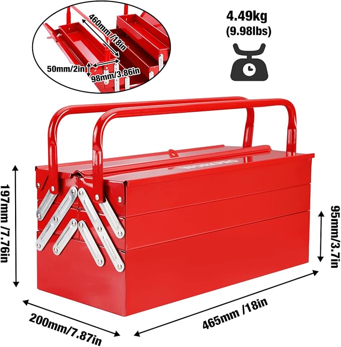 WORKPRO Metal Tool Box, 18-inch Cantilever Folding Red Storage Box, 3-Layer 5-Tray Multi-Function Tool Organizer, Red - Image 3