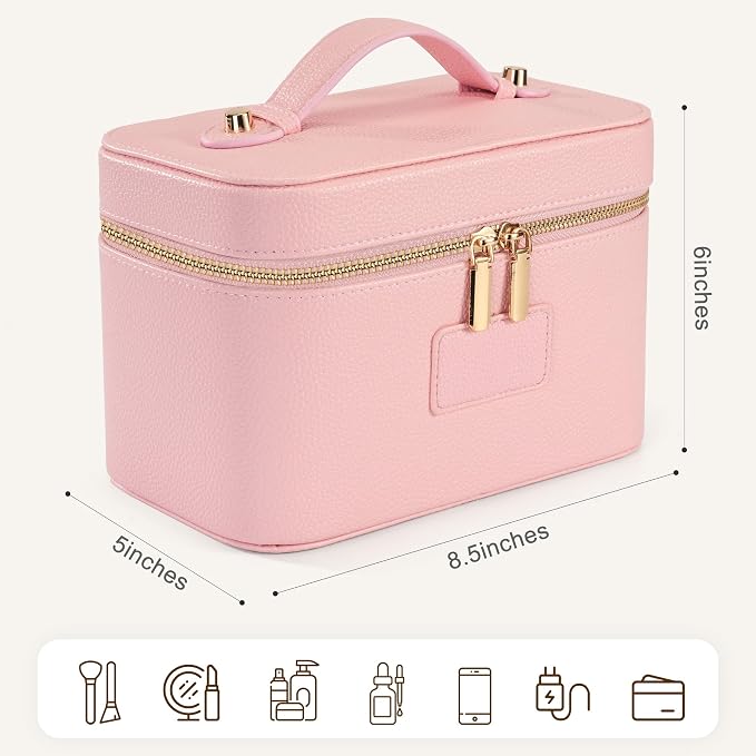 Makeup Bag Travel Toiletry Leather Cosmetic Case, Waterproof Makeup Organizer with Brush Holder, Wipe Clean Removable Divider Vanity Train Bag for Women, Pink - Image 3