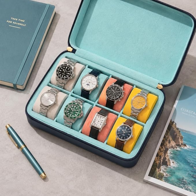 8-Slot Leather Watch Travel Case Organizer for Men, Pool Party Blue | Multiple Watch Capacity,Premium Hexagon Leather,Velvet M-Shaped Cushions,Secure Snap Closure,Storage Organizer - Image 4