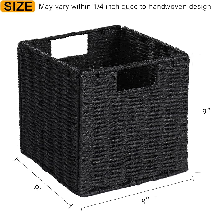 Vagusicc Wicker Basket, Set of 2 Woven Storage Baskets for Shelves, Foldable Cube Storage Basket Bins with Handles, 9 inch Small Storage Baskets for Organizing Pantry Bedroom, Black - Image 2