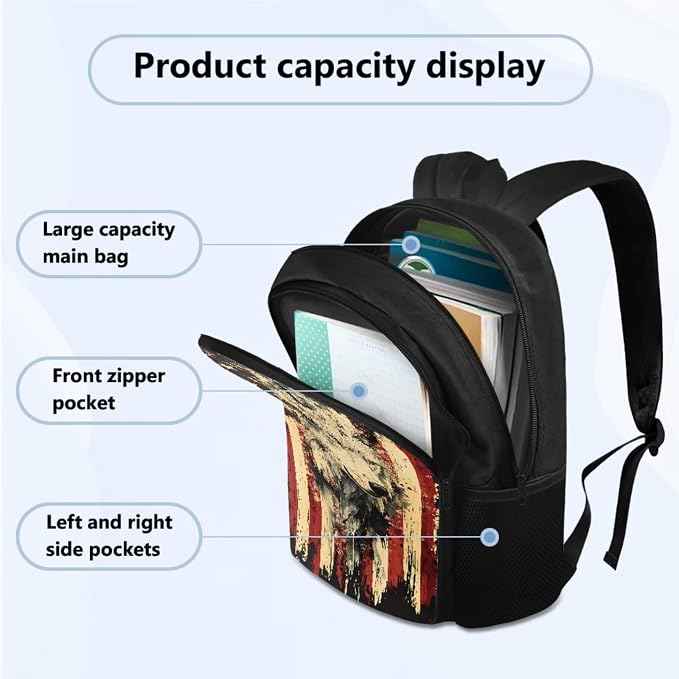Student Backpack with Leakproof Lunch Bag Pencil Pouch Water Bottle Organizer, USA Flag Wolf Print Casual Double Zipper Large Capacity Travel Book Bag Rucksack for Kids - Image 2