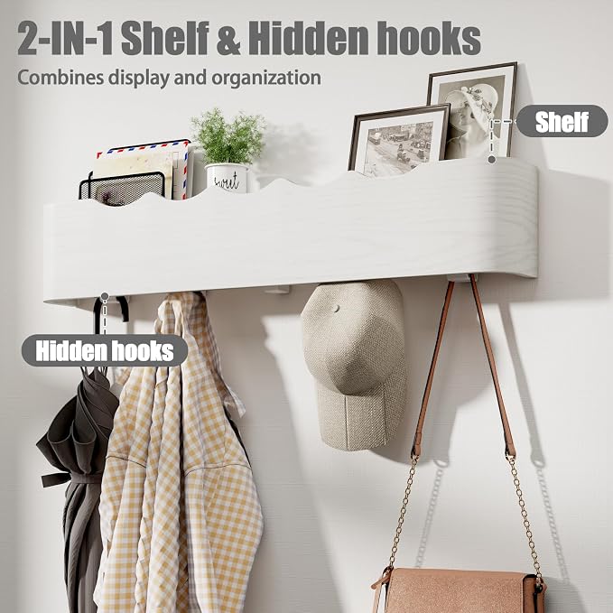 Coat Rack Wall Mount with Shelf 8 Hidden Hooks Modern Wooden Key Holder Entryway Organizer for Hallway Bedroom Bathroom Home Decor Storage for Hanging Coats Hats Bags Towels, Wave-Shape White - Image 2