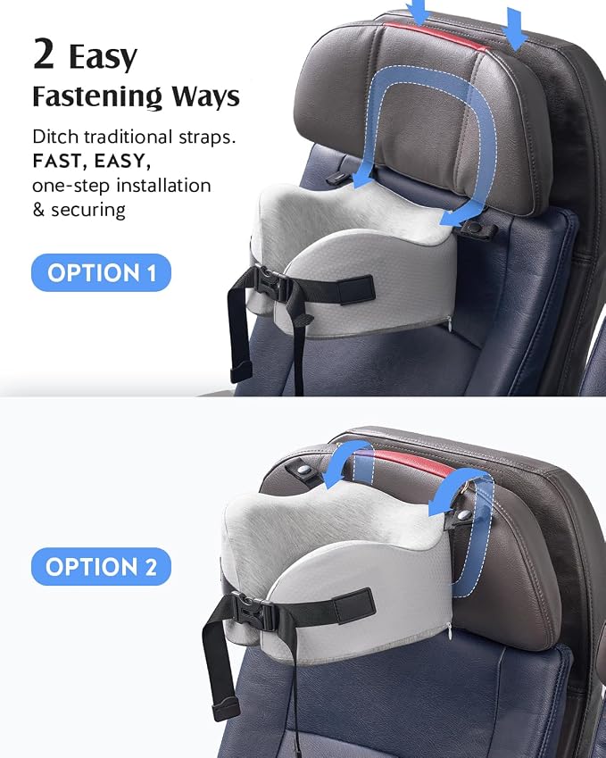 YFONG Travel Pillow for Long Flights, Patented 360° Ergonomic Sleeper Hold Head Support System with Memory Foam Neck Pillow & 3D Sleep Mask, Prevent Head Bobbing for Airplane & Road Trip, Grey - Image 4