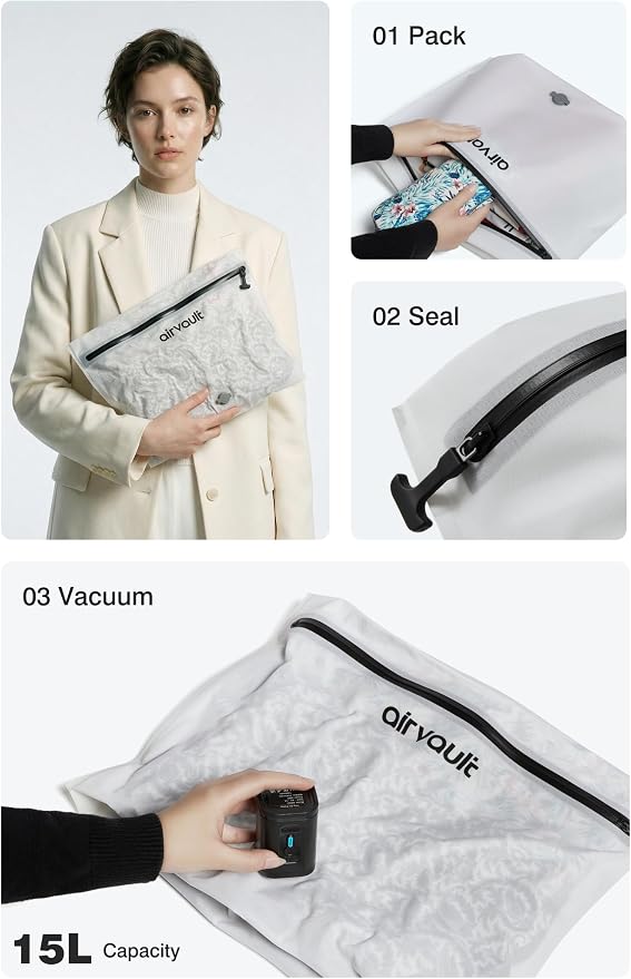 AirVault Vacuum Storage Bags for Travel with Air Pump, Waterproof Compression Packing Organizer, IPX8 Vacuum Travel Bag for Carry On Suitcase & Backpack (15L Flat, 3-Pack) - Image 4