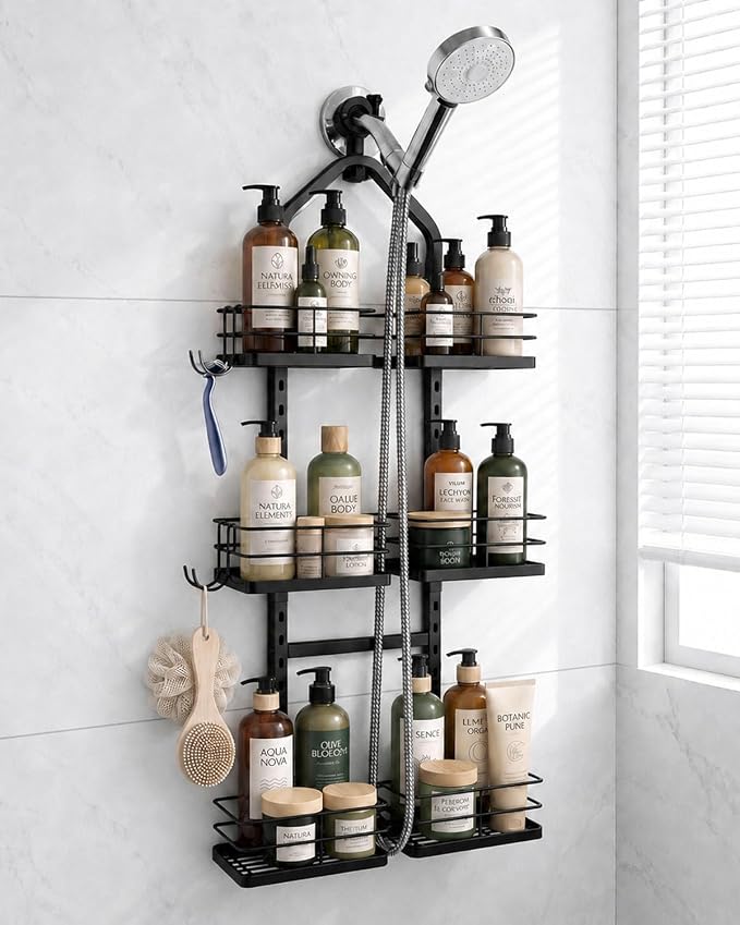 3-Tier Adjustable Hanging Shower Caddy for Handheld Showerhead, Black | Rustproof Shower Rack Baskets, Anti-Swing Hanging Shower Organizer for Bathroom Storage with 2 S-Hooks, Large Capacity by ANCHImsr