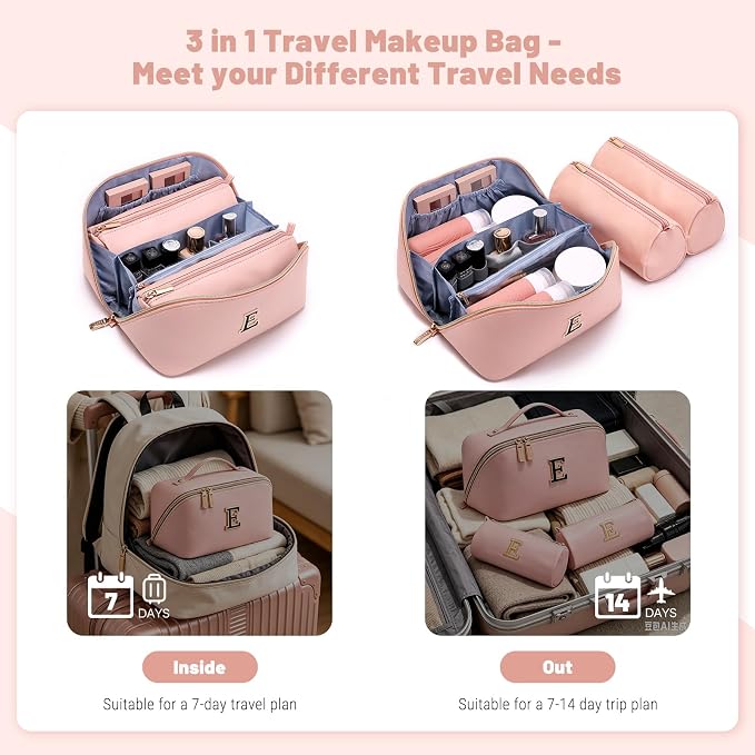 BOYATU Makeup Bag Gift for Women: 3-in-1 Travel Personalized Cosmetic Bag | Initial Make up Bag - Monogram A-Z - Vegan Leather Flat Open Toiletry Organizer - Ideal Gift Set for Birthday Graduation - Image 5