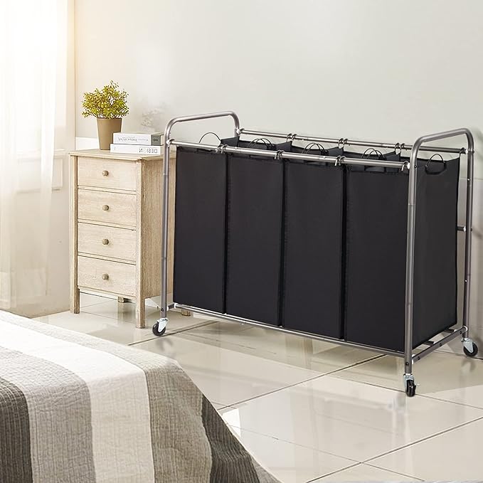 STO STO Laundry Sorter 4 Section, 4 Bag Clothes Hamper, Rolling Laundry Cart Basket with Heavy Duty Lockable Wheels and Removable Bag for Laundry Room, Bedroom, Closet, Black - Image 2
